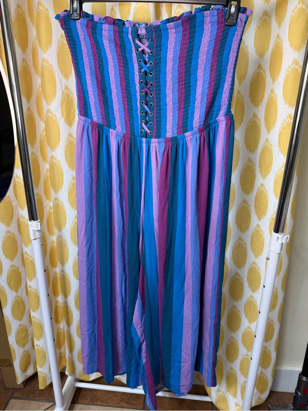 Torrid Striped Strapless Jumpsuit Coverup in Teal, Blue & Purple